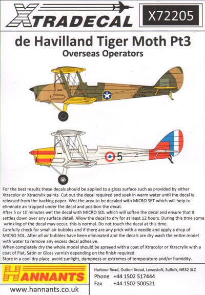 Xtradecal 1/72 X72204 de Havilland Tiger Moth pt 2 decal set Civil Schemes 