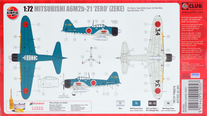 Airfix Mitsubishi A6M2b Zero 1:72 Scale Plastic Model Plane Kit A01005