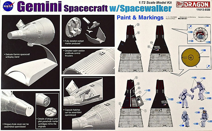 DRAGON 11013 1/72 SCALE MODEL KIT GEMINI SPACECRAFT W/SPACEWALKER 