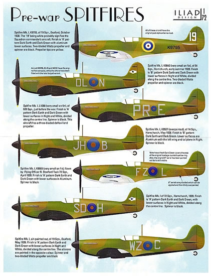 Pre-War Spitfires: Mk I in 14 1/72 decals, Iliad 72009 19 72 54 609 Sqdn 