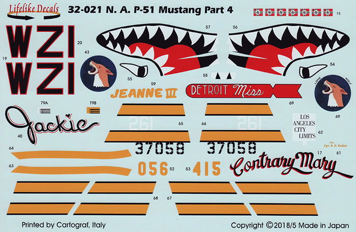 Lifelike 1/32 decal P-51 Mustang Pt4 Jeanne III, Detroit Miss for Tamiya/Revell
