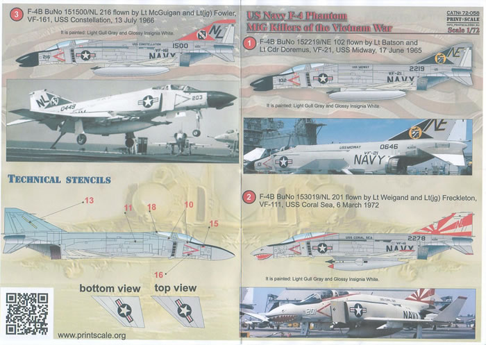 NAVY F-4 PHANTOM II MIG KILLERS of the Vietnam War Print Scale Decals 1/72 U.S 