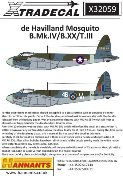Xtra Decals 1/72 DE HAVILLAND MOSQUITO B.Mk.IV B.XX & T.III 