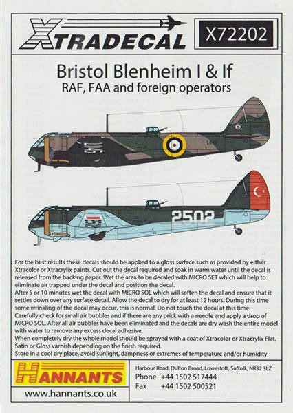 Xtradecal 1/48 X48187 Bristol Blenhiem Mk I & If decal sheet 