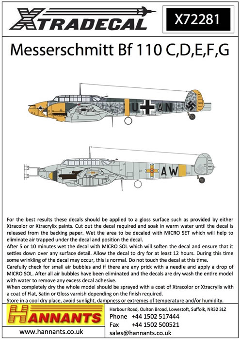 Xtra Decals 1/72 MESSERSCHMITT Bf-110C D,E,F & G German Fighter-Bomber 
